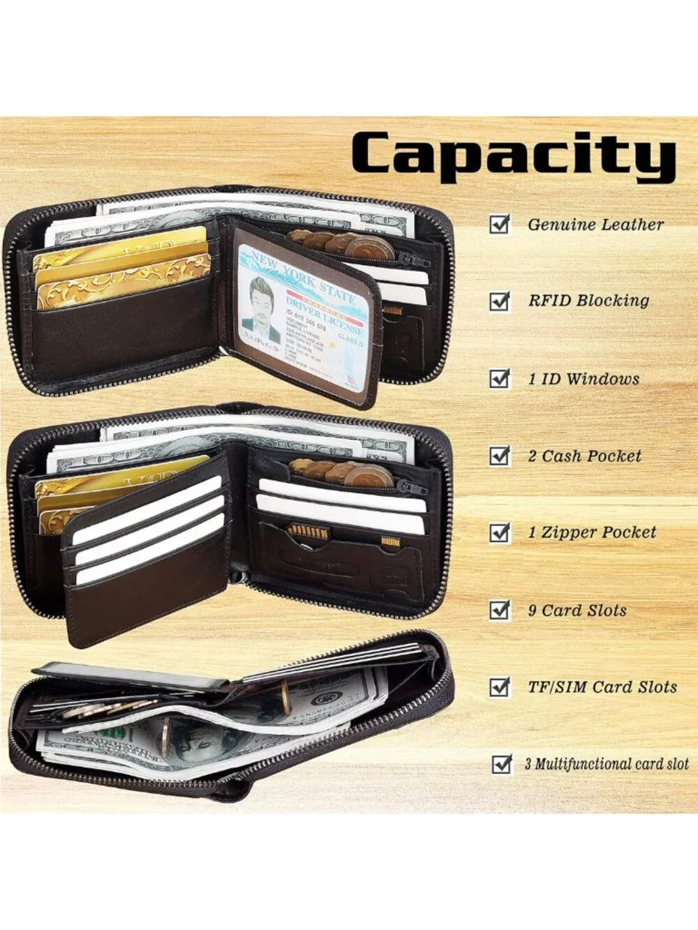 Men's RFID Blocking Leather Bifold Wallet with Zipper, Card Holder & Secure